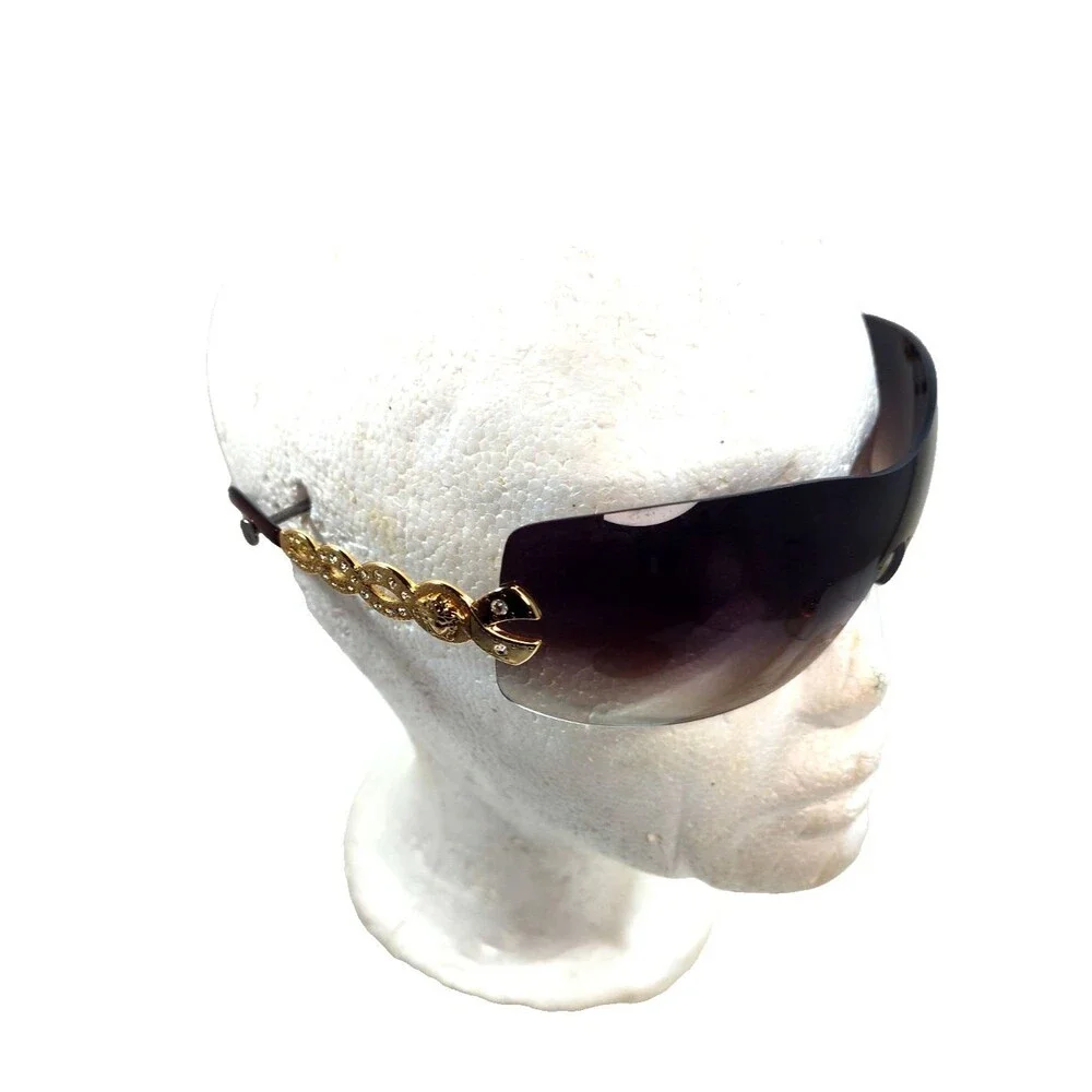 Vintage Y2K Versace 2043-B  Brown Rhinestone Rimless Shield Sunglasses Scratched